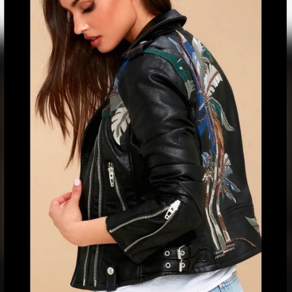 Brand New Blank NYC Island Fever Black Embroidered Leather Moto Jacket Small